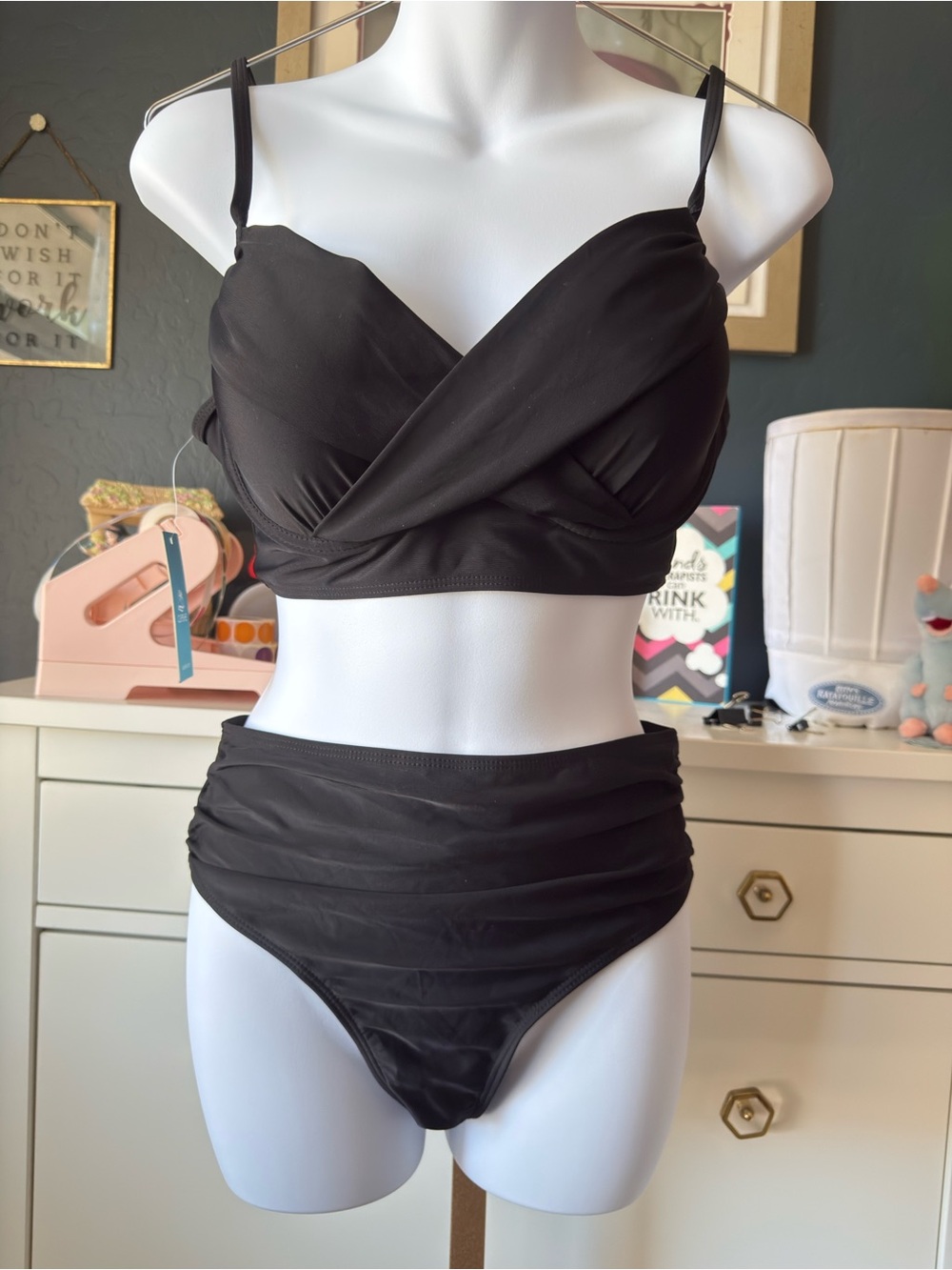 Cupshe Black Ruched High-Waist Bikini Set